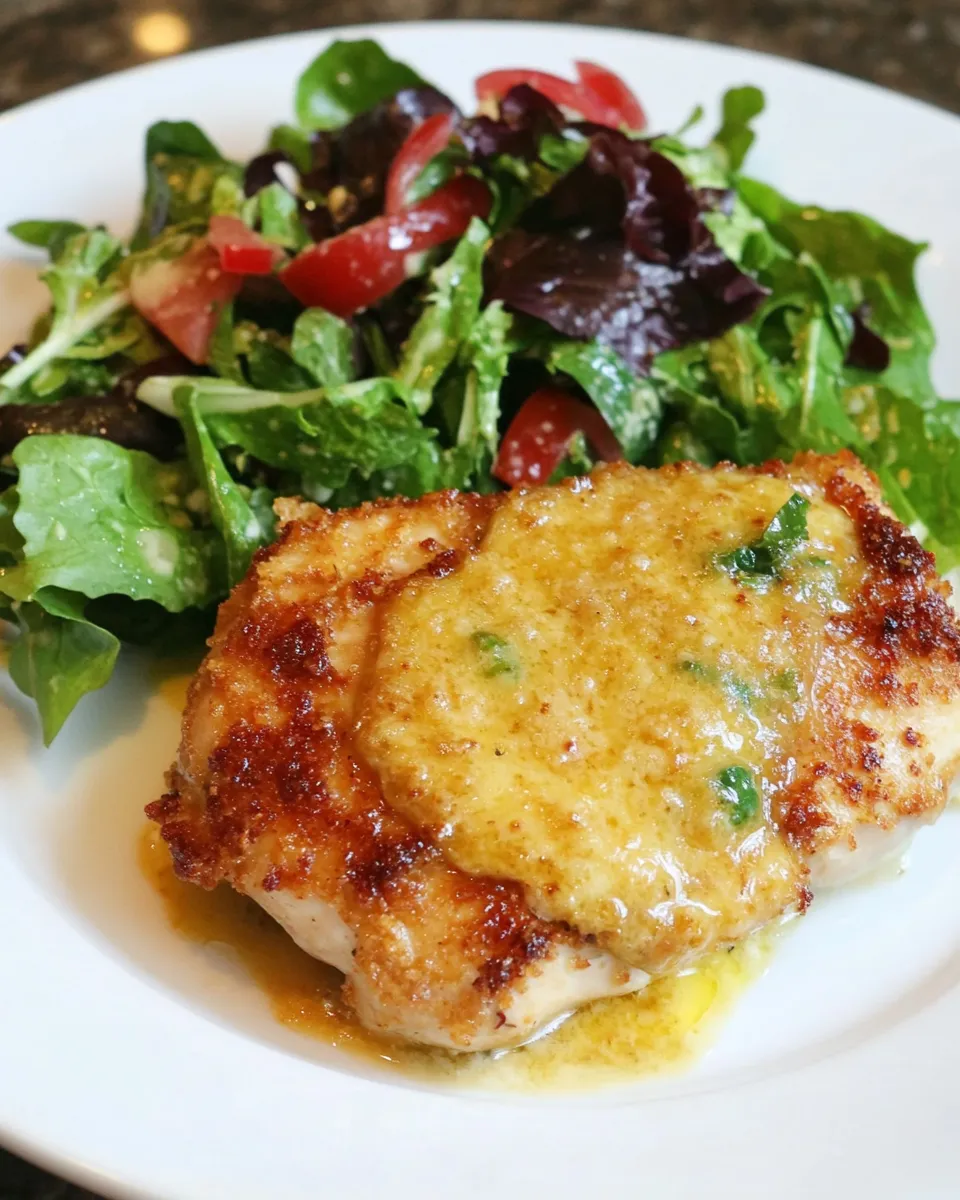 Simple Pecorino Crusted Chicken with Mixed Baby Greens Salad shot