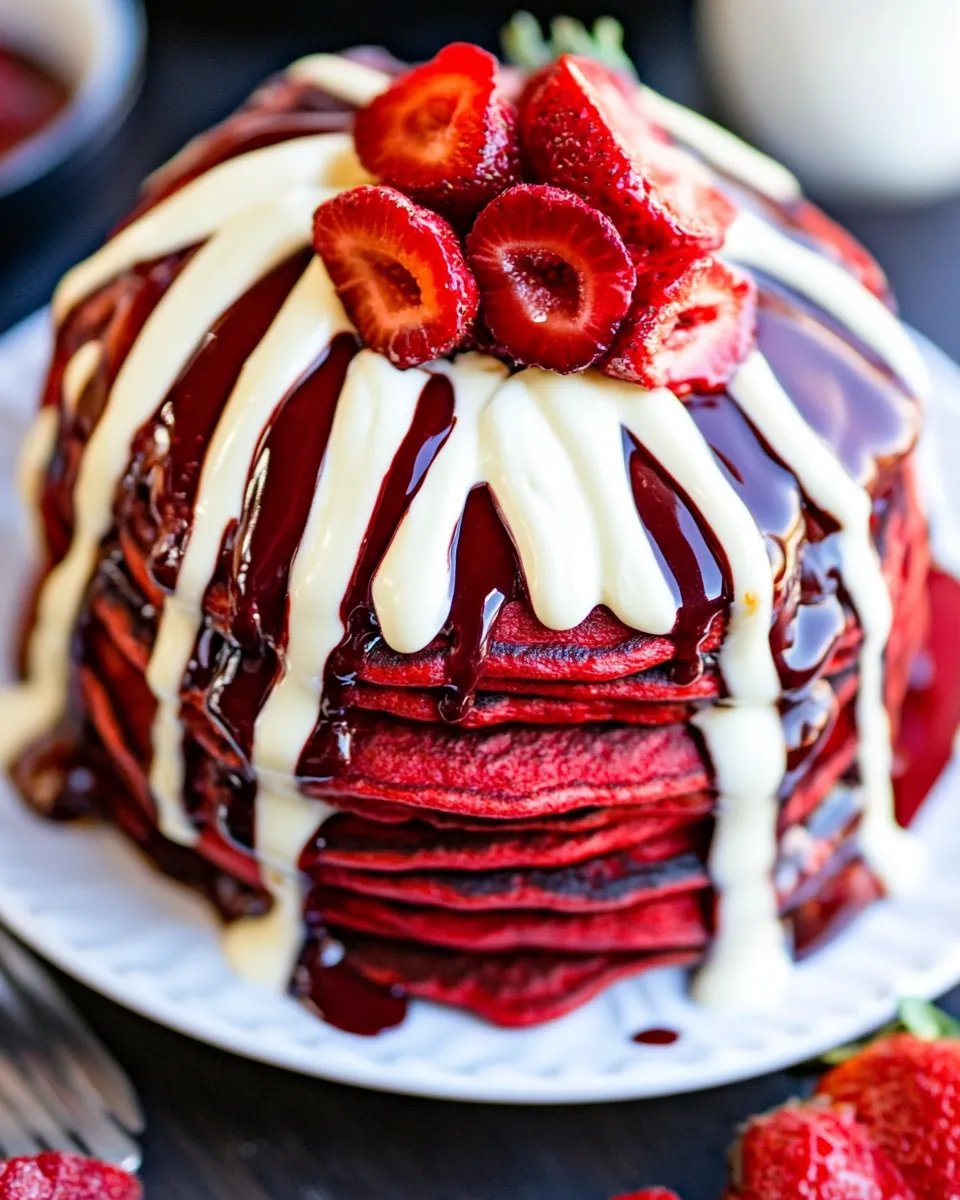 Homemade Red Velvet Pancakes with Cream Cheese Drizzle recipe image