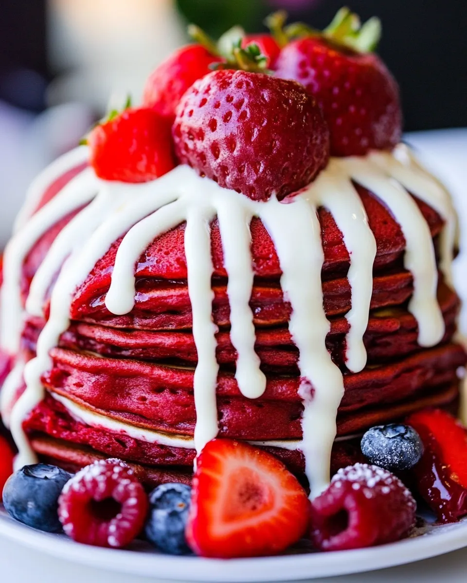 Easy Red Velvet Pancakes with Cream Cheese Drizzle food shot