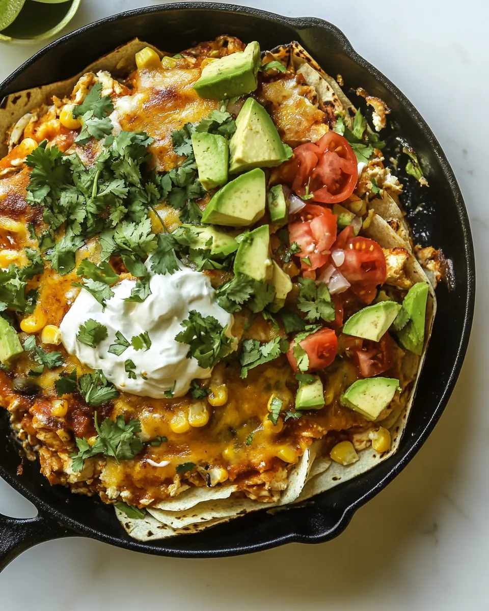 Perfect Skillet Corn and Chipotle Chicken Tortilla Bake. recipe image