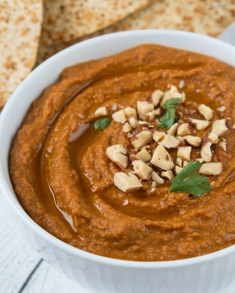 Delicious Smoky Roasted Eggplant Red Pepper Dip with Walnuts shot
