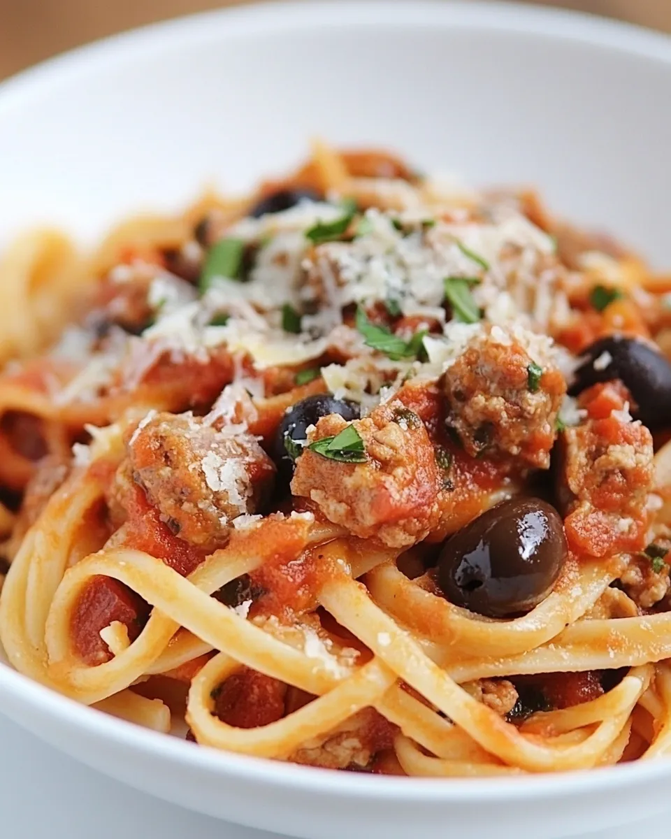 Homemade Spaghetti with Italian Sausage and Olives photo