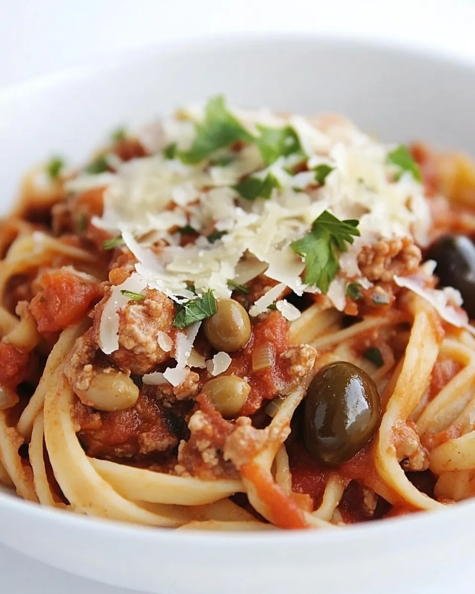 Delicious Spaghetti with Italian Sausage and Olives shot