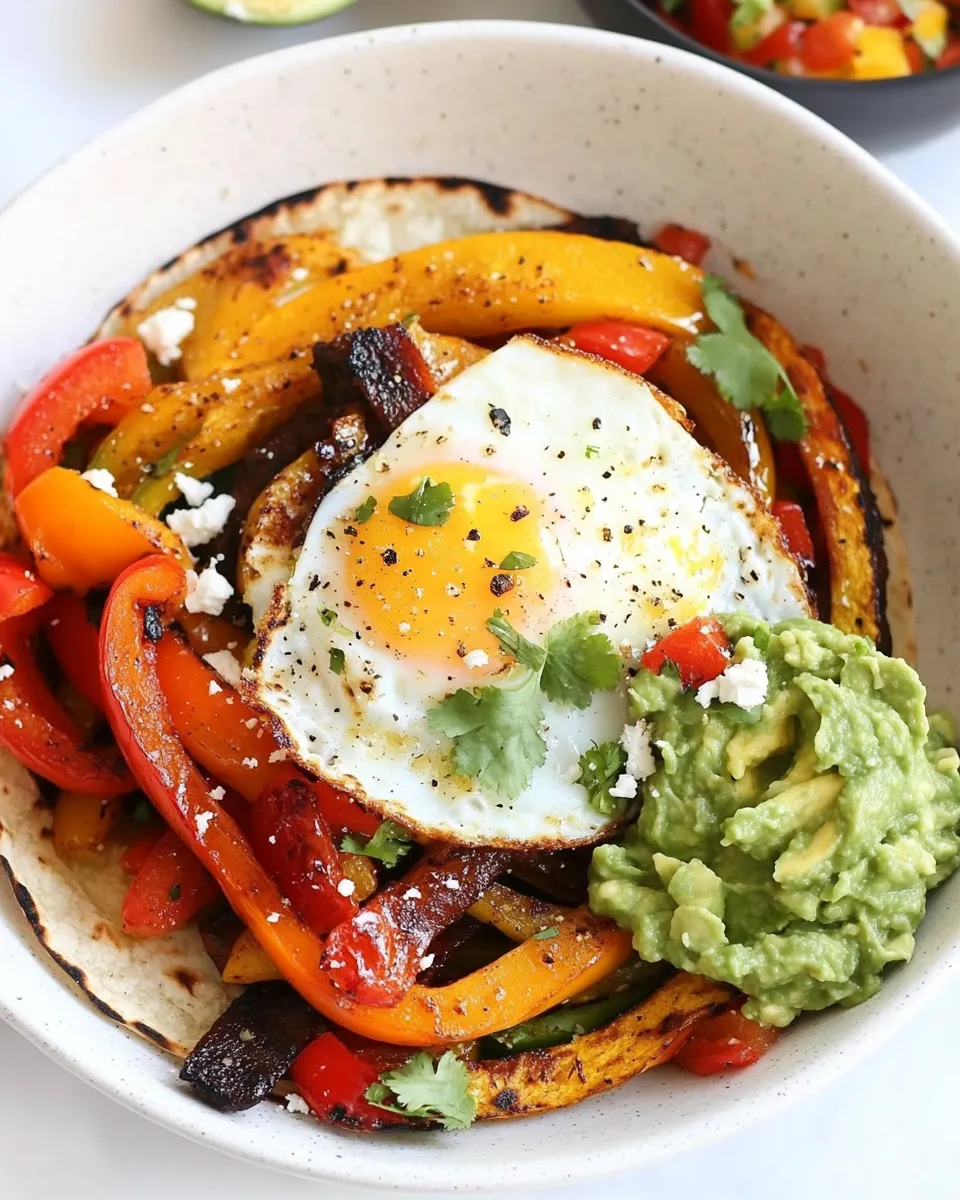 Homemade Spicy Breakfast Fajitas with Eggs and Guacamole photo