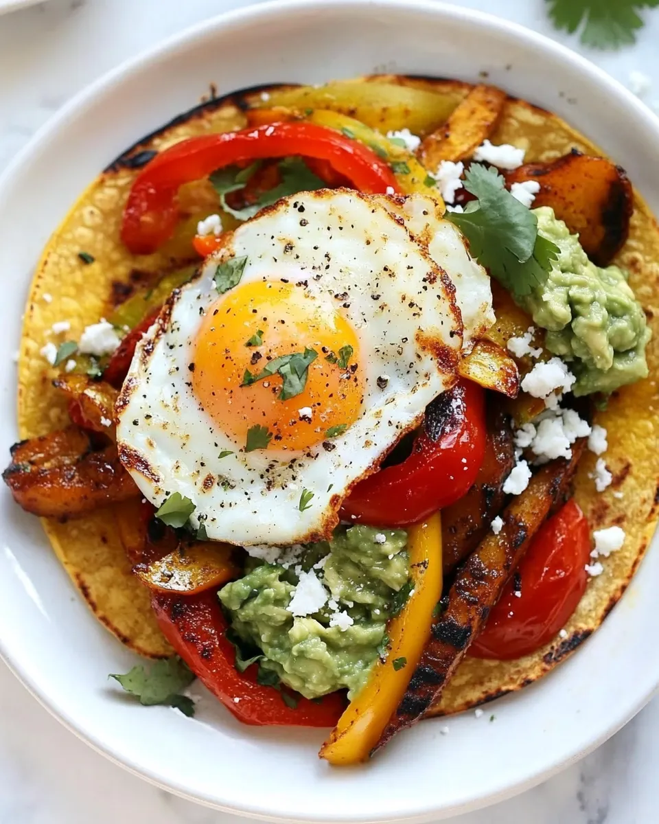 Delicious Spicy Breakfast Fajitas with Eggs and Guacamole shot