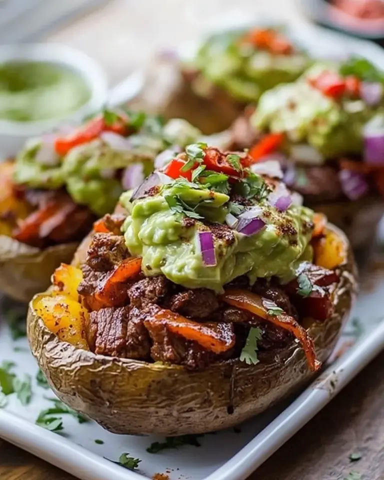 Homemade Steak Fajita Stuffed Baked Potatoes with Avocado Chipotle Crema photo