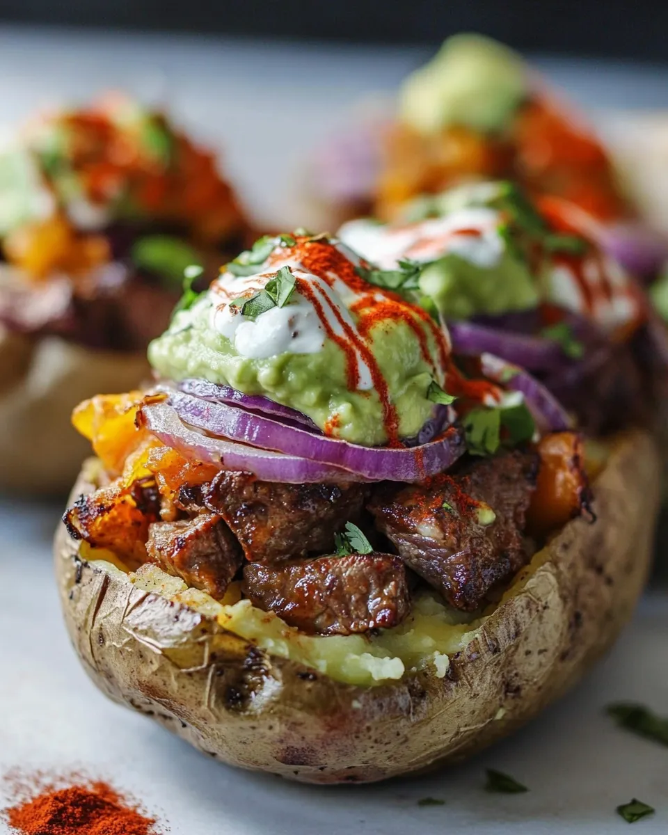 Delicious Steak Fajita Stuffed Baked Potatoes with Avocado Chipotle Crema image
