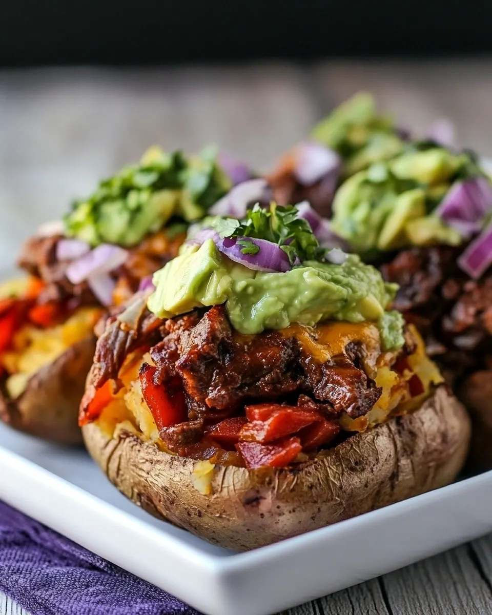 Quick Steak Fajita Stuffed Baked Potatoes with Avocado Chipotle Crema dish photo