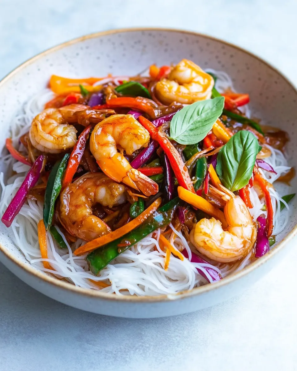 Tasty Stir-Fry Shrimp & Veggies with Rice Noodles shot