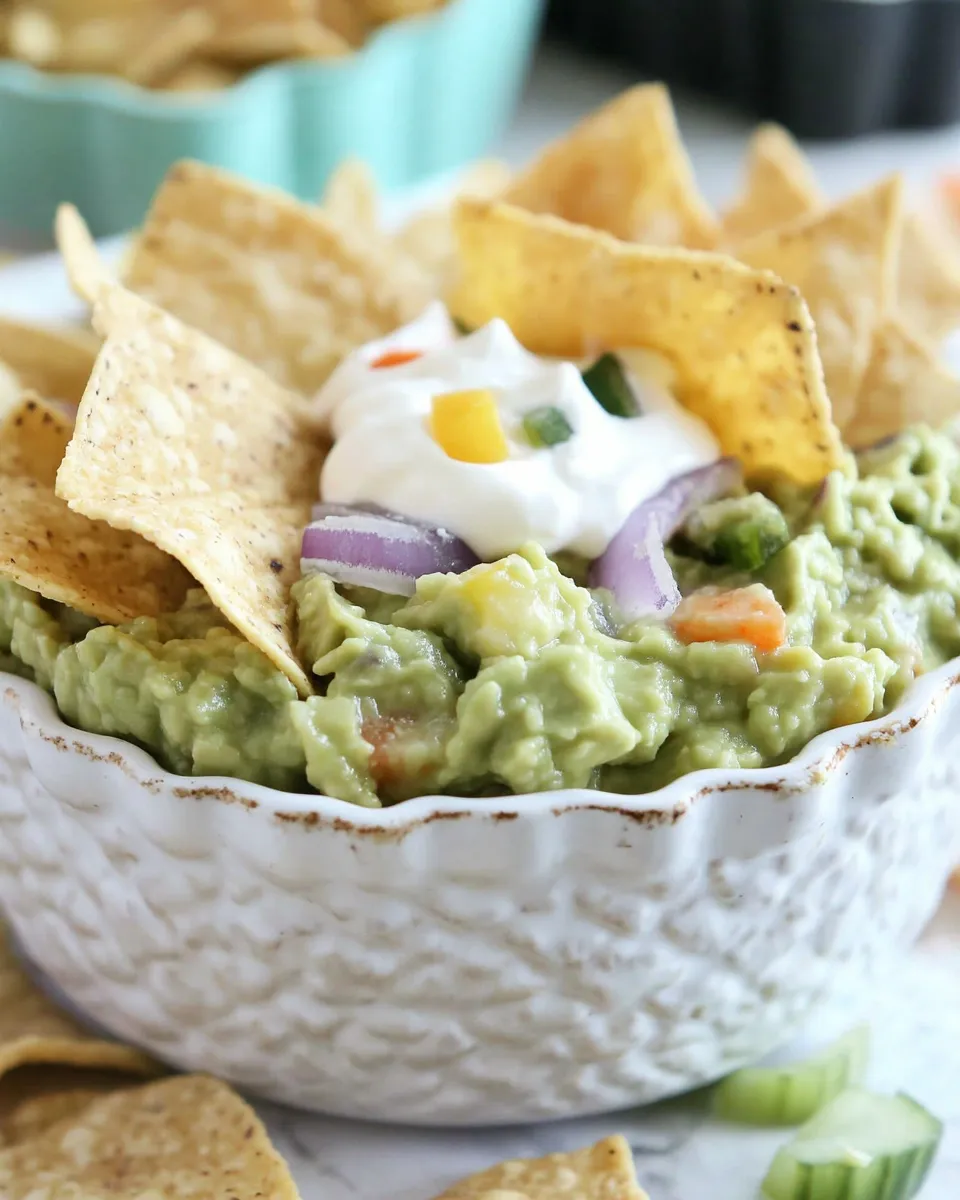 Tasty Sweet Guacamole Dip with Pie Crust Tortilla Chips food shot