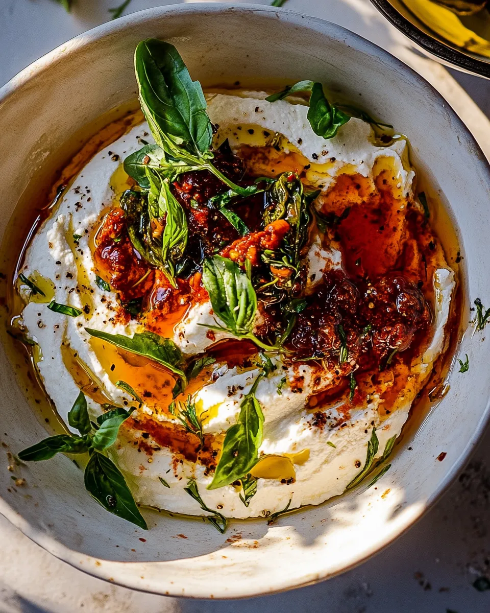 Sweet Whipped Goat Cheese and Calabrian Chile Oil Dip. food shot