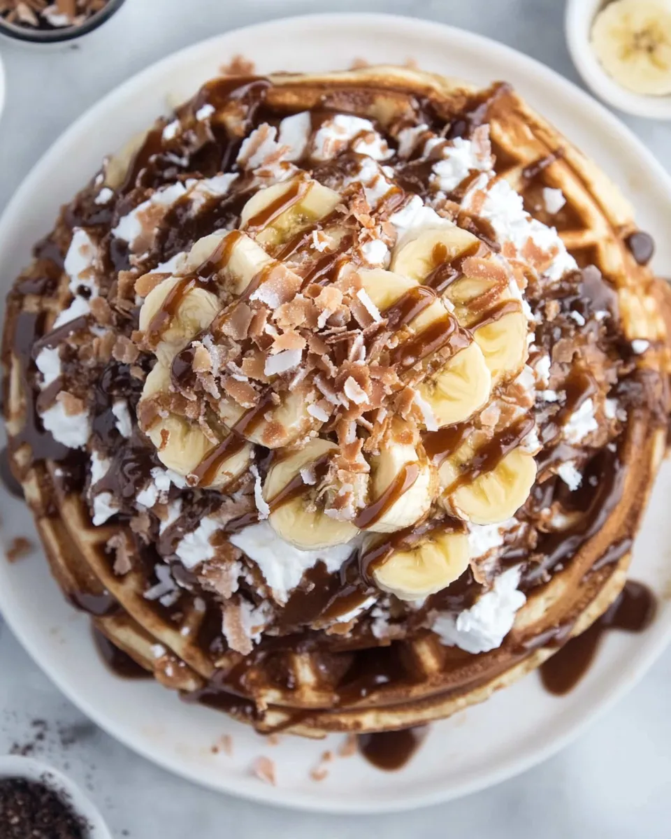 Sweet caramelized coconut banana bread waffle french toast. recipe photo
