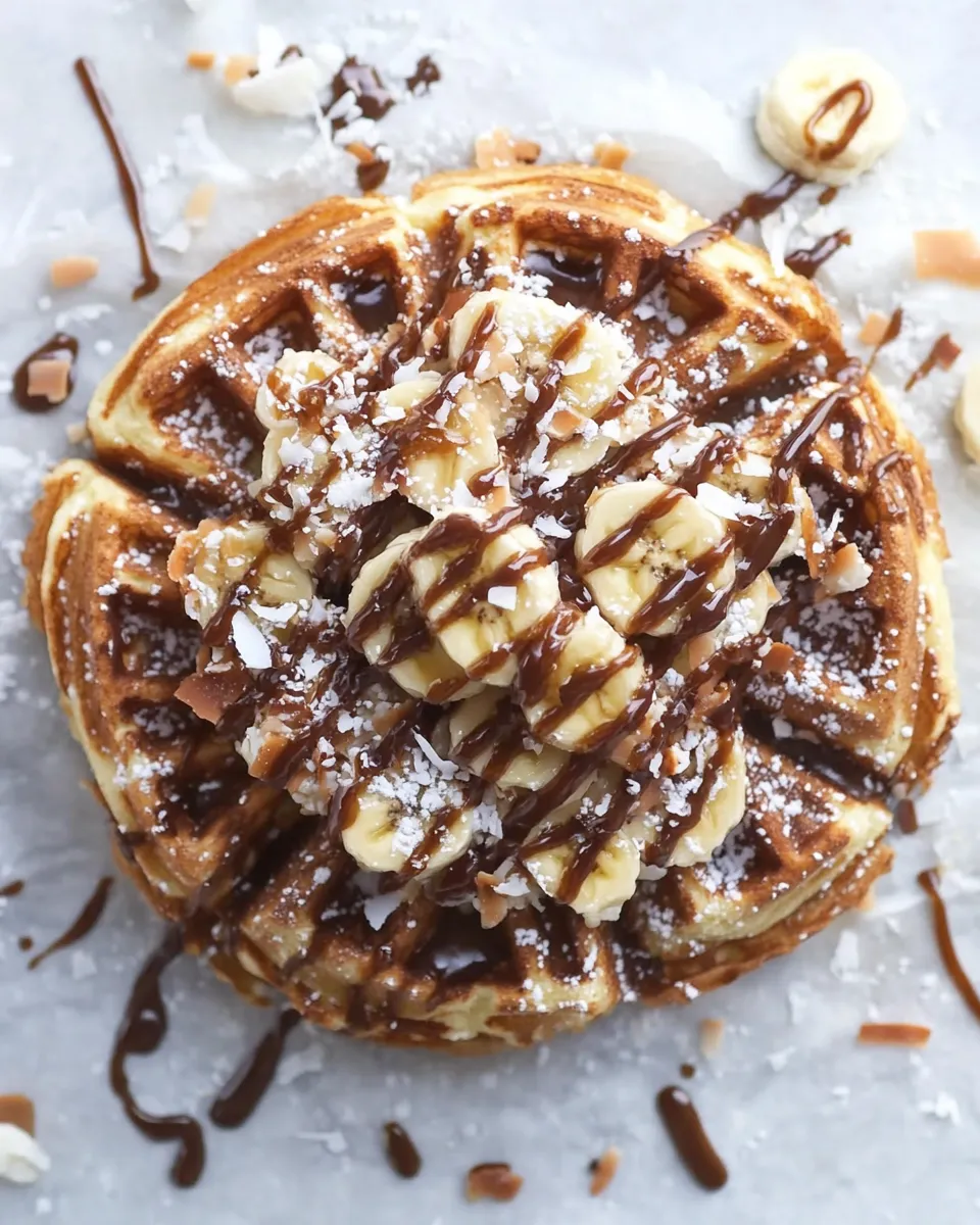Quick caramelized coconut banana bread waffle french toast. recipe image