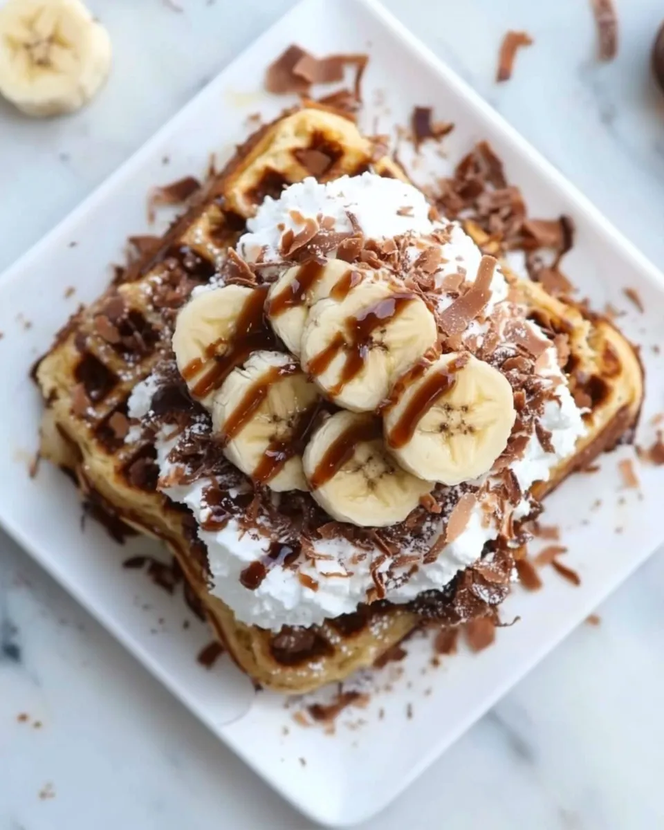 Sweet caramelized coconut banana bread waffle french toast. shot