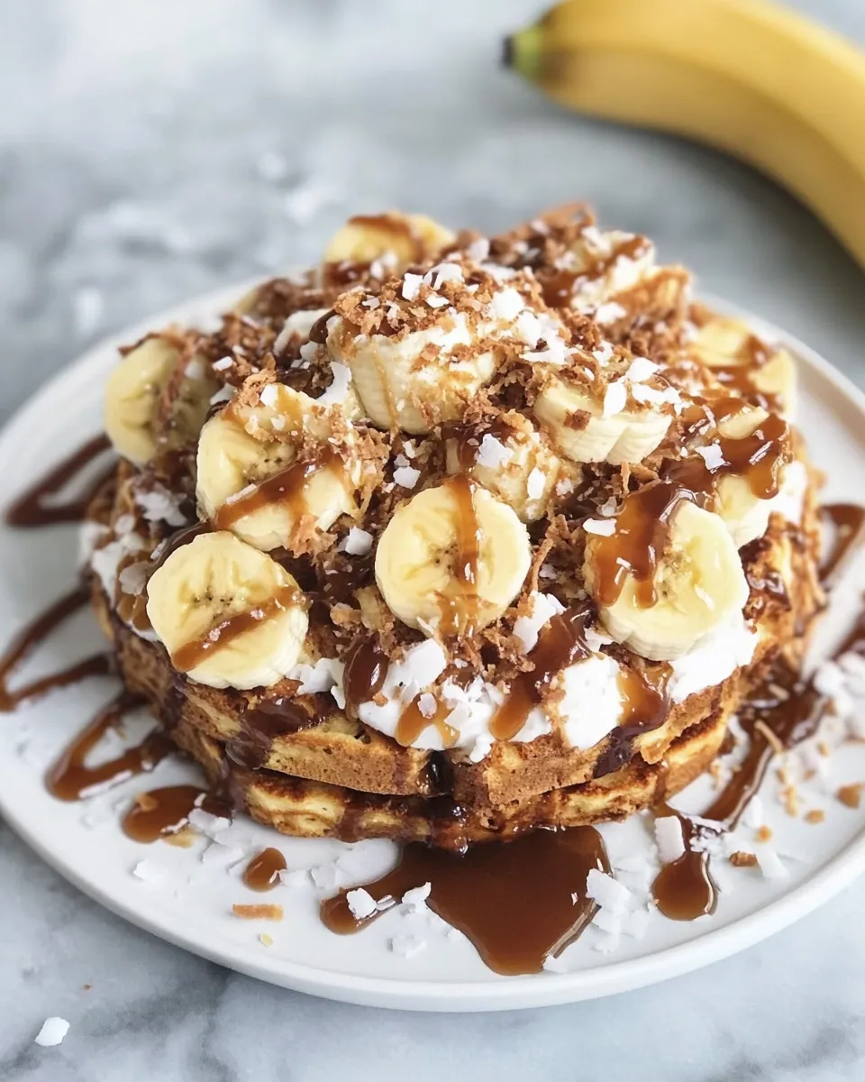 Amazing caramelized coconut banana bread waffle french toast. recipe photo