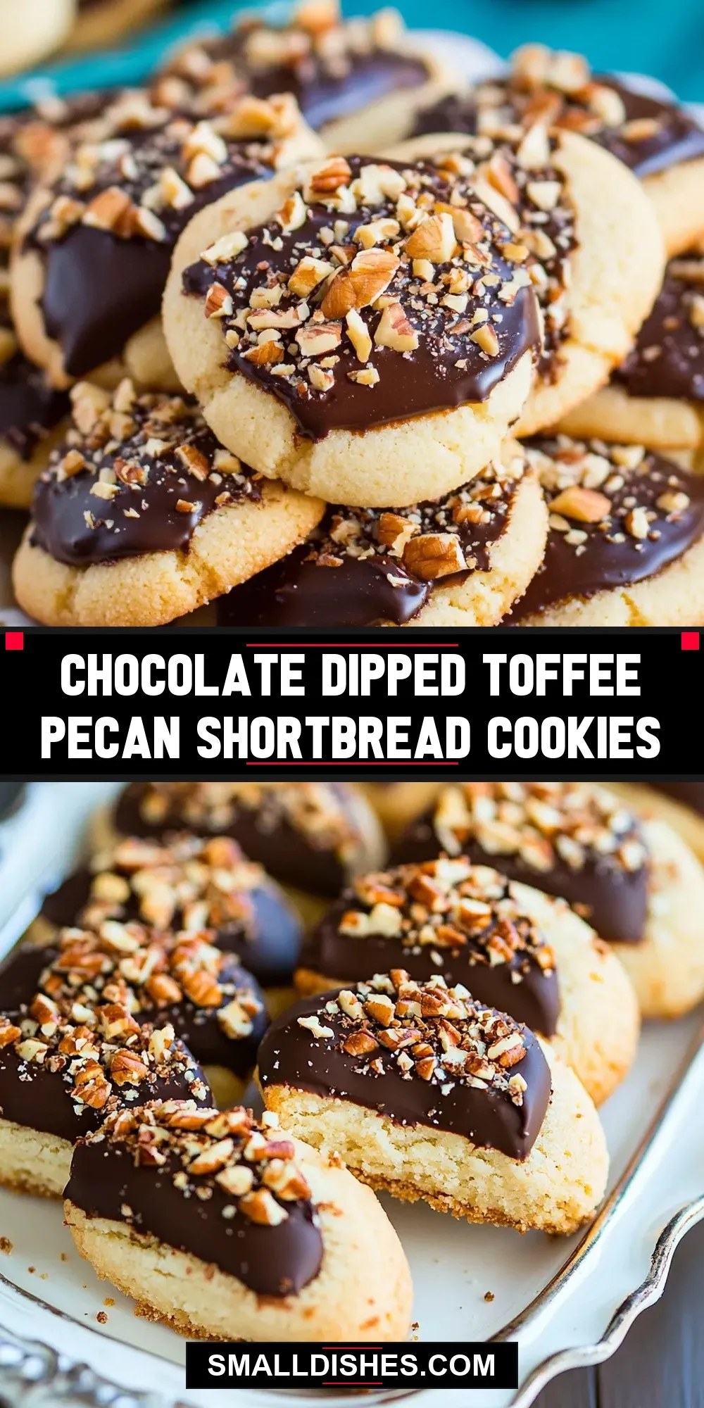 Flavorful Chocolate Dipped Toffee Pecan Shortbread Cookies